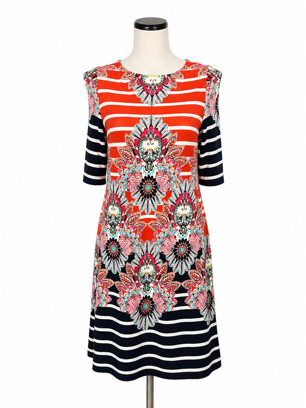 Eliza J Floral Shift Dress Size 4 White Orange Navy Elbow Sleeve Stretch Knit